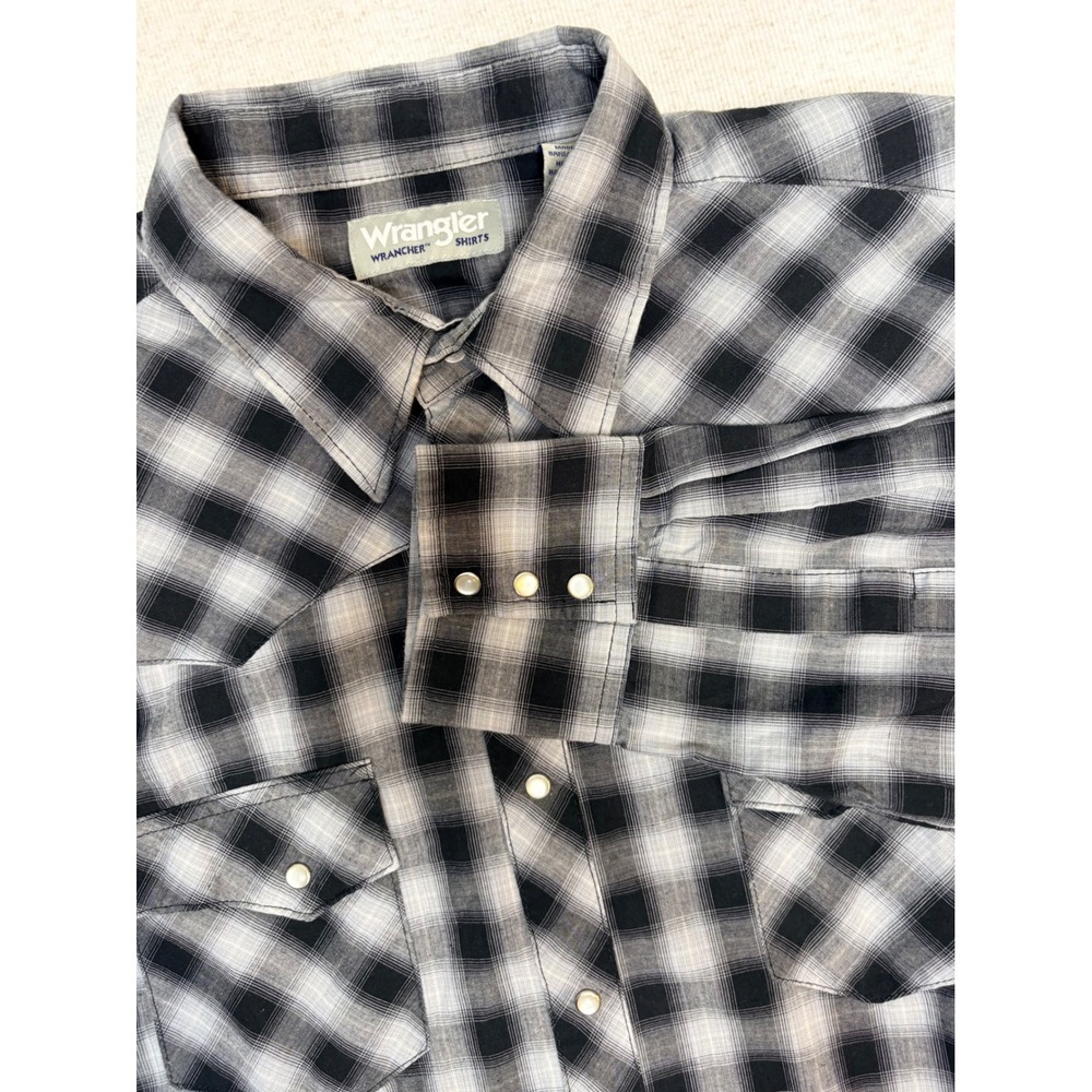 Wrangler Wrancher Mens XL Black White Plaid Western Pearl Snap Long Sleeve Shirt